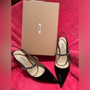 Authentic Miu Miu Stiletto Patent Leather Crystal Embellishments Slingback pumps